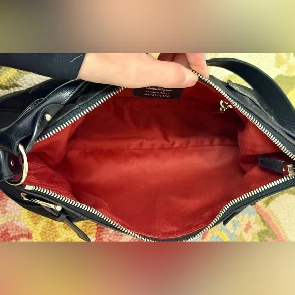 SALVATORE FERRAGAMO Silver Fittings Gancini Canvas Nylon Shoulder Bag Black/Red